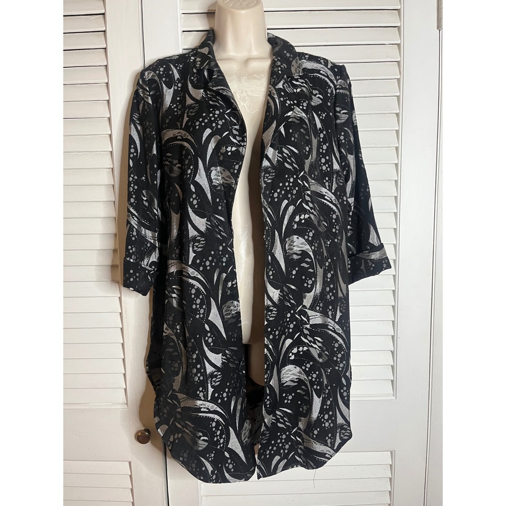 Alberto Makali Black Silver Metallic Abstract Open Front Duster Blouse M